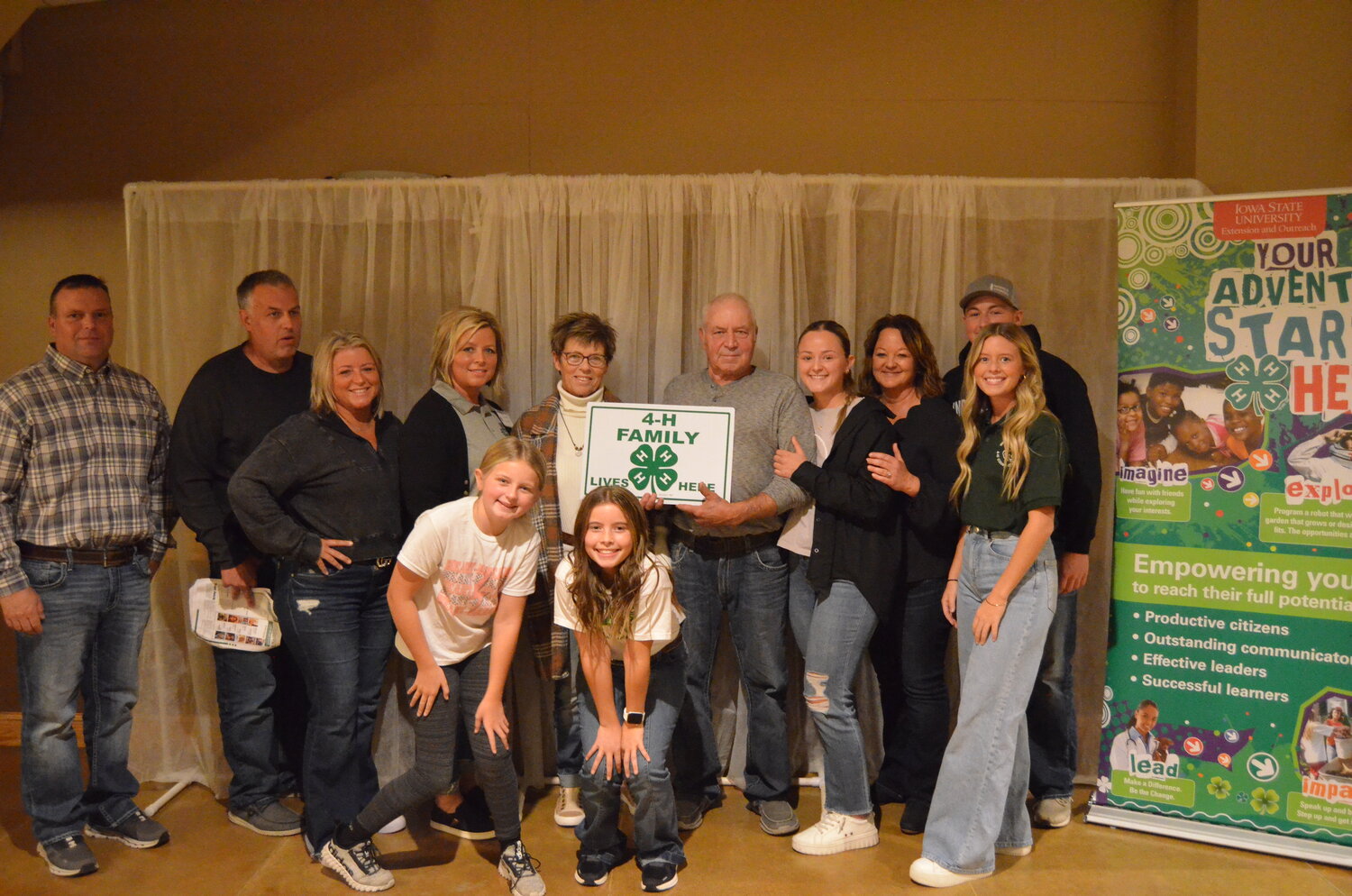The Brinning family, 4-H Family of the Year.  Front L-R: Aspen Sieren, Brystol Younge.  Back: Chad Younge, Shane Brinning, Shauna Sieren, Shannon Younge, Kathy Brinning, Roger Brinning, Morgan Brinning, Kathleen Brinning, Hunter Sieren, Brynn Younge.